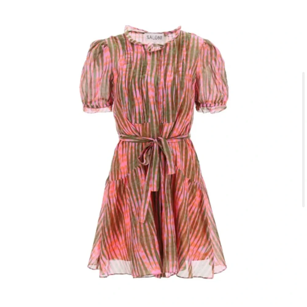 SALONI Penny Mini Dress Cotton Silk Pleated Bib Tide Olive - Picture 1 of 4